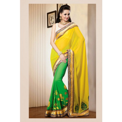 Yellow and Green Georgette Indian Saree