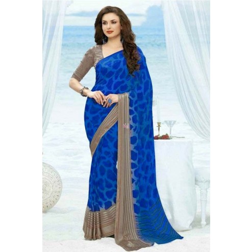 Blue and Grey Georgette Saree With Blouse