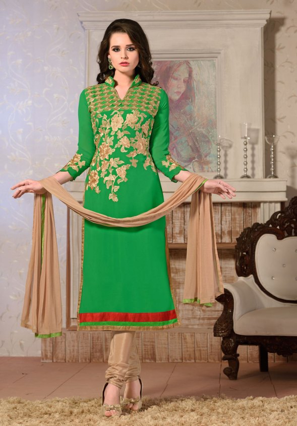 Green Georgette Designer Churidar Kameez