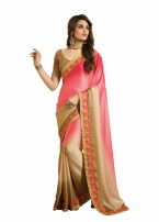 Beige and Pink Satin Designer Saree With Blouse
