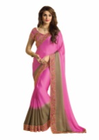 Beige and Pink Satin Wedding Saree With Blouse