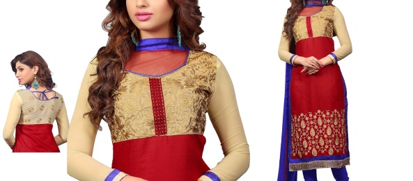 Red and Cream Cotton Indian Churidar Kameez With Dupatta