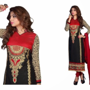 Black and Red Cotton Party Wear Churidar Kameez With Dupatta