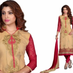 Beige and Red Cotton Indian Churidar Kameez With Dupatta