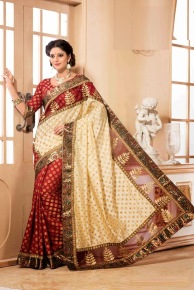 Beige and Red Silk Wedding Saree With Blouse