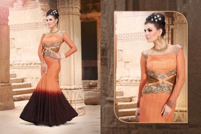 Orange and Brown Net Party Wear Gown