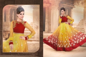 Yellow and Red Net Party Wear Anarkali Suits With Dupatta