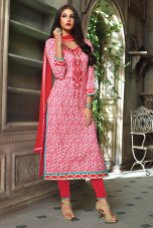 Pink Cotton Designer Churidar Kameez With Dupatta