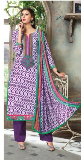 Purple Cotton Designer Churidar Kameez With Dupatta