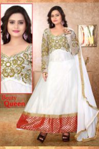 Off White Net Party Wear Anarkali Suits With Dupatta