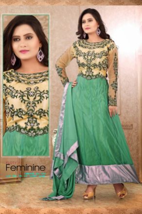 Green and Cream Net Anarkali Suits With Dupatta