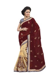 Brown and Cream Chiffon Designer Saree With Blouse