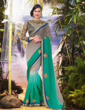 Grey and Green Georgette Saree With Blouse