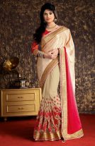 Beige and Pink Crepe Designer Saree With Blouse