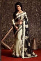 Black and Cream Crepe Wedding Saree With Blouse