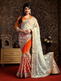White and Orange Net Party Wear Saree With Blouse
