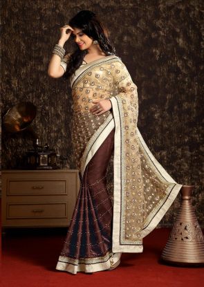 Cream and Brown Crepe and Net Saree With Blouse