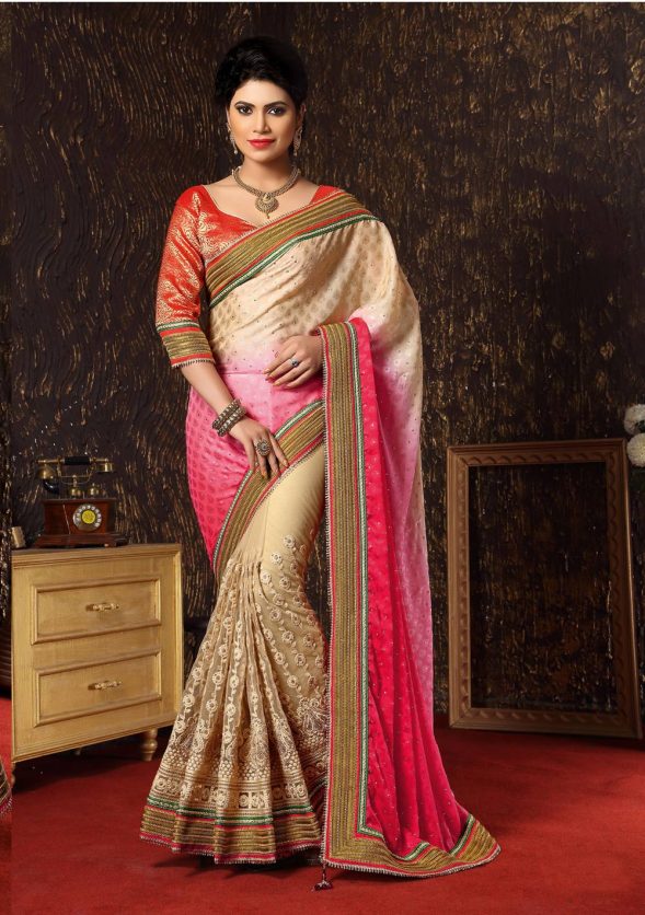 Cream and Pink Net Designer Saree With Blouse