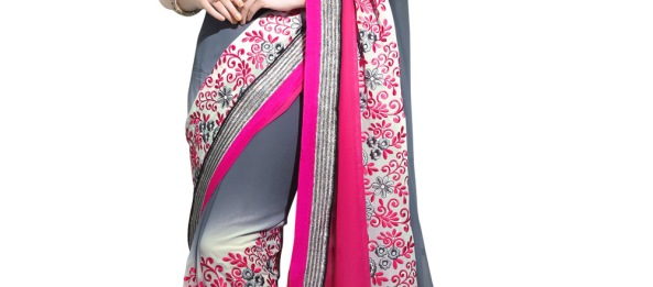 Grey and Pink Georgette Bridal Saree With Blouse