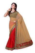 Beige and Red Chiffon Designer Saree With Blouse