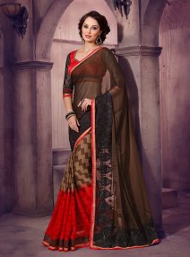 Brown and Maroon Crepe Designer Saree With Blouse