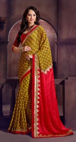Yellow and Pink Georgette Wedding Saree With Blouse
