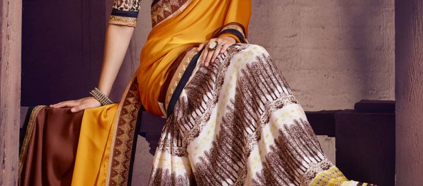 Yellow and White Georgette Indian Saree With Blouse
