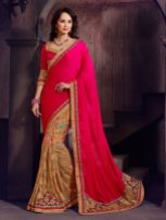 Pink and Cream Net Wedding Saree With Blouse