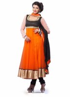 Orange and Black Net Indian Anarkali Suits With Dupatta