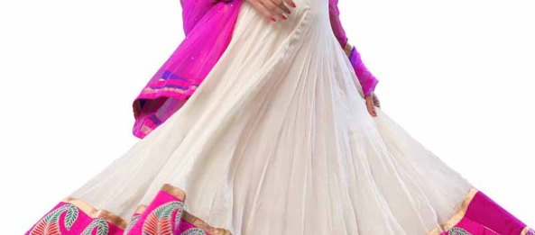 White and Pink Net Designer Anarkali Suits With Dupatta