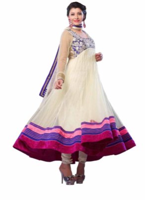 Off White Net Party Wear Anarkali Suits With Dupatta