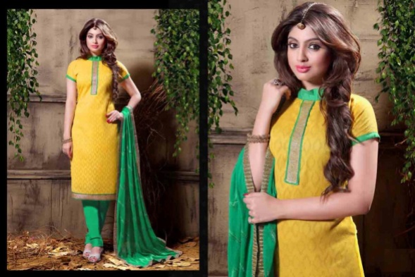 Yellow Cotton Party Wear Churidar Kameez With Dupatta