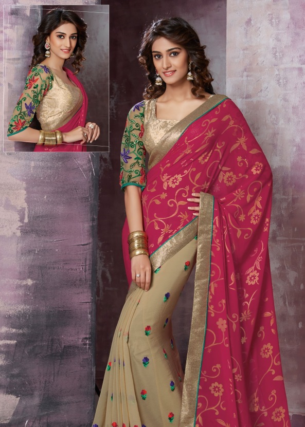 Pink and Beige Chiffon Designer Saree With Blouse