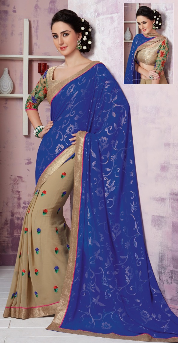Blue and Beige Chiffon Designer Saree With Blouse