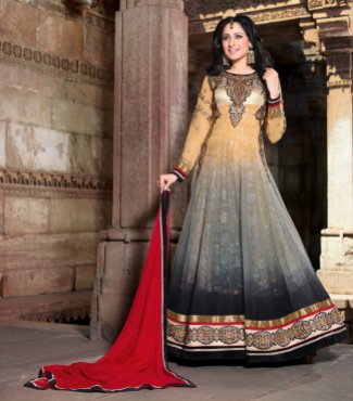 Beige and Grey Georgette Indian Anarkali Suits With Dupatta