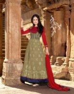 Beige and Red Georgette Indian Anarkali Suits With Dupatta