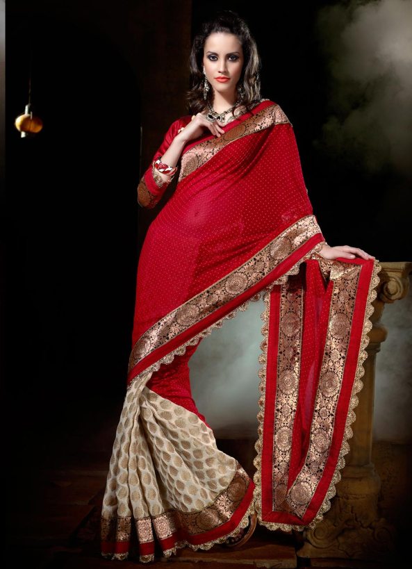 Maroon and Cream Georgette Designer Saree With Blouse