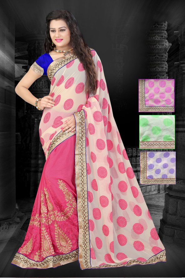 Beige and Pink Georgette Party Wear Saree With Blouse